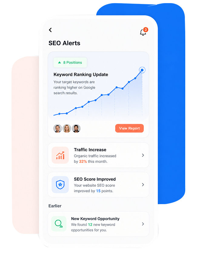 seo alerts dashboard ui SEO alerts dashboard showing keyword ranking updates, traffic growth, and performance notifications