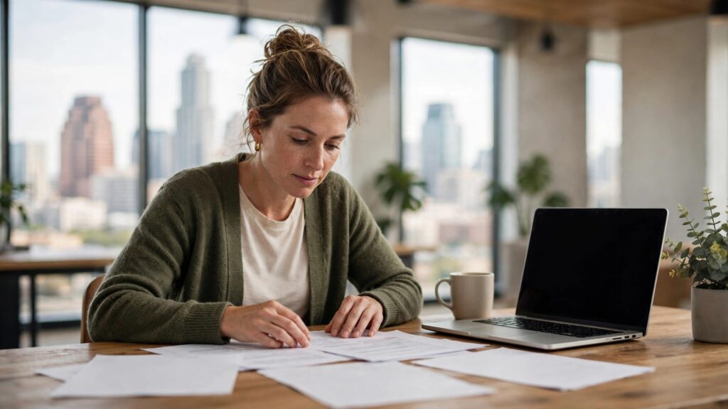Austin business owner reviewing SEO agency proposals in an office